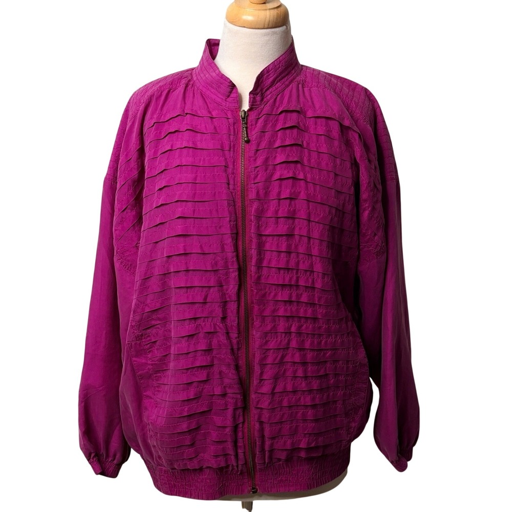 EVR Silk Jacket Sz Med Magenta Ruffle‎ Zip Bomber Lightweight Outerwear Vintage